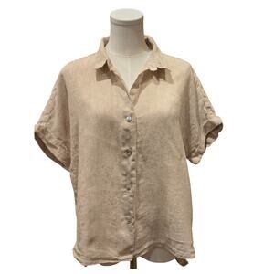 Tahari 100% Organic Linen Button Down Collar Short Cuff Sleeve Beige Large
